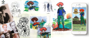 Sketches and designs of Tasssie Mapsalot, the lead character in the Alston Explorer app